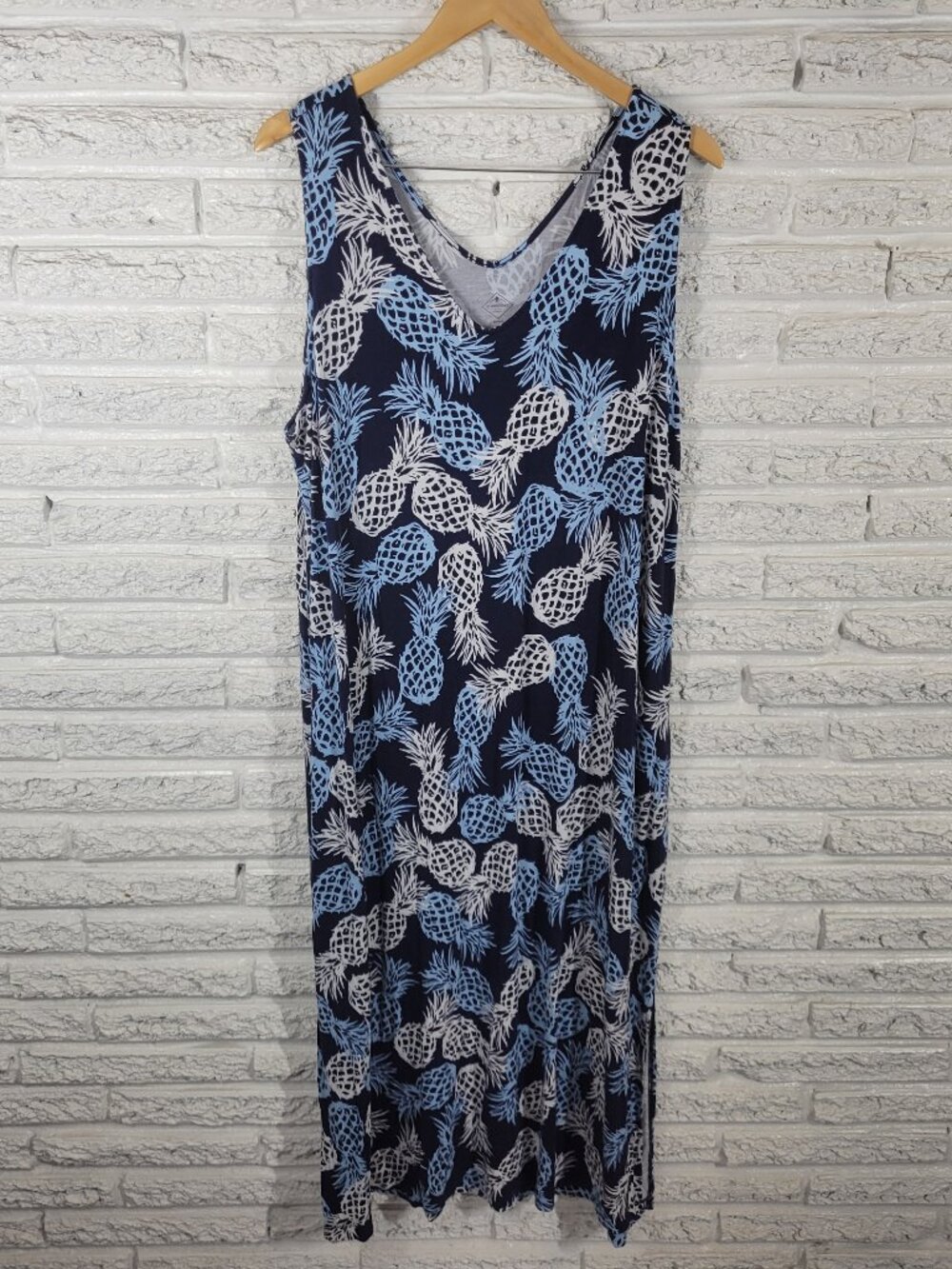 St. John's Bay Women Plus 1X Blue Pineapple Tank Dress V-Neck Knee Casual D11E